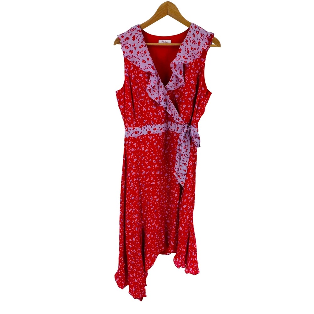 Parker Red Lavender Silk‎ Blend Asymmetrical Wrap Dress Size 12 Floral Whimsical
